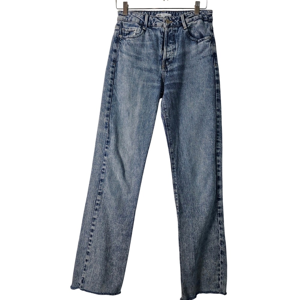 Zara Women Blue Acid Wash High Waisted Straight Leg Button Fly Jeans Size 4